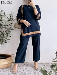 ZANZEA Loose Eid Mubarek Pant Sets Wide Leg Trouser Women Casual Summer Matching Sets 3/4 Sleeve Blouse Muslim 2pcs Outfits