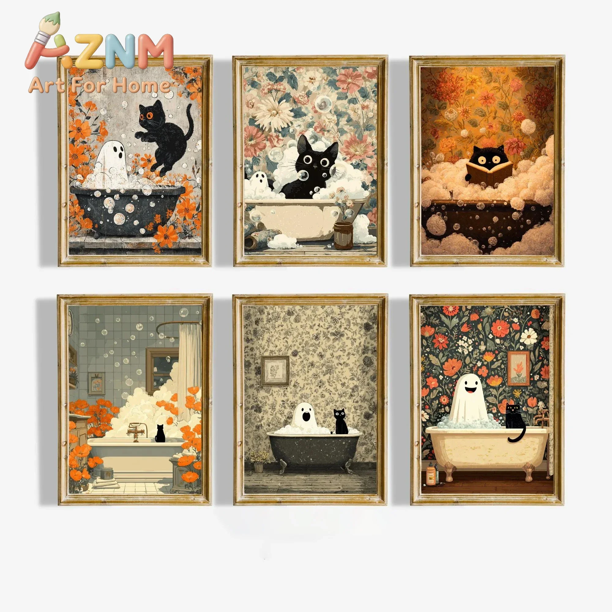 Funny Retro Bathroom Decor | Soft Gothic Halloween Wall Prints | Perfect Gift for Cat & Ghost Lovers