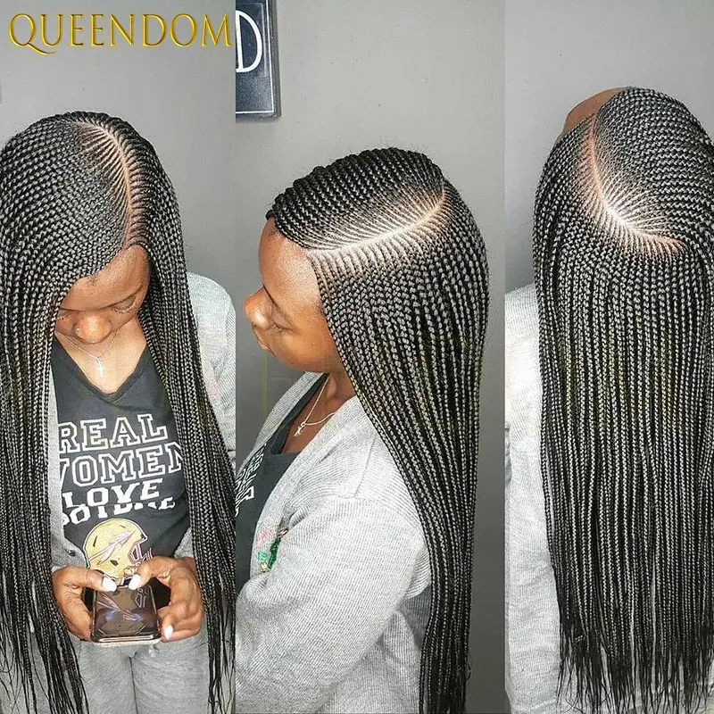 Peruki syntetyczne z pełną koronką, z przedziałkiem bocznym, w stylu Goddess Box Braid z baby hair, imitujące dredy faux locs i cornrow, dla czarnoskórych kobiet, 36 cali.