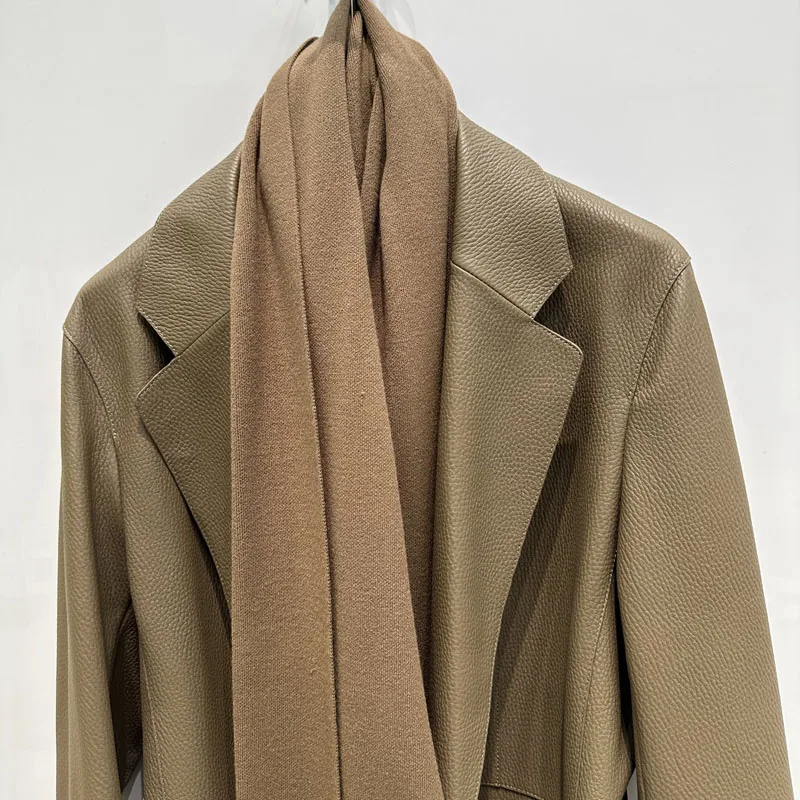 Luxurious scarf suit style women coat spring and autumn 2025 new fashion genuine leather jacket with belt