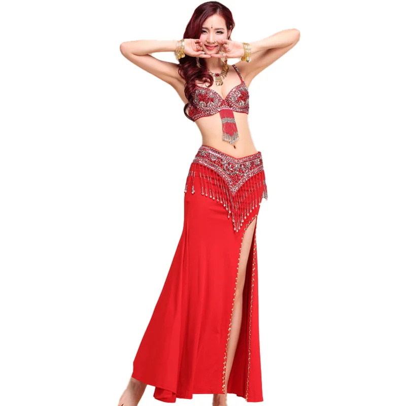 

Belly Dance Bra Waist Chain Skirt Set Stage Dance Skirt Suit Carnaval Disfraces Adults Sexy Rhinestone Bra Performance Costume