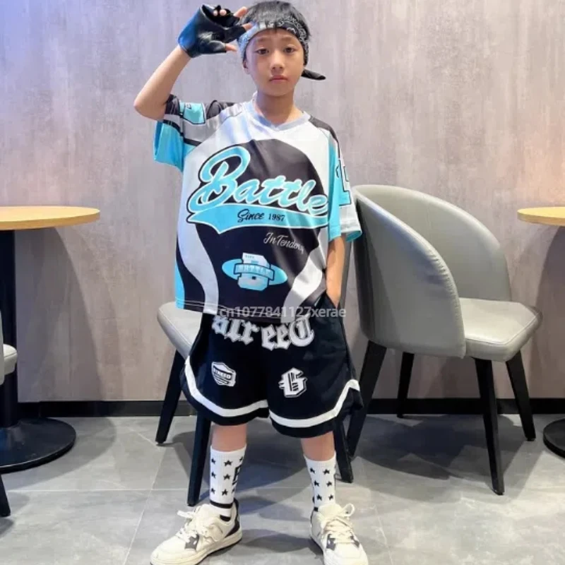 Costume da ballo di strada per bambini, stile hip-hop per ragazzi, abito nero e blu, costume da spettacolo hip-hop di strada esplosivo per ragazze