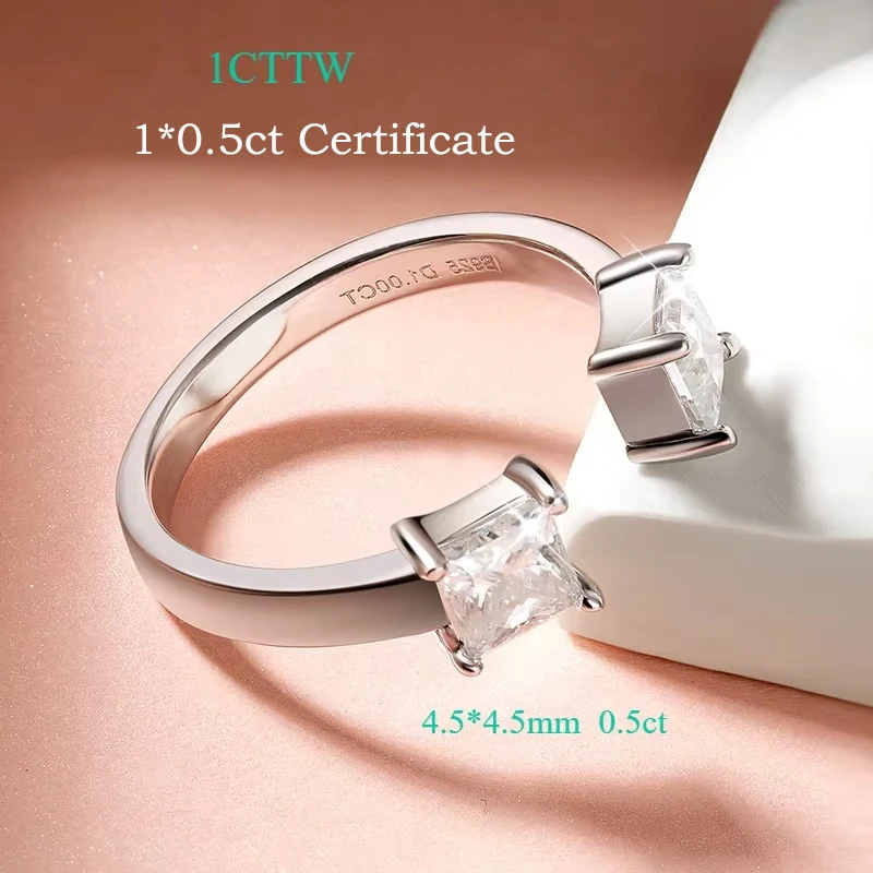 Pierścionki z moissanitem Smyoue 1CTTW, szlif princess, certyfikowane, dla kobiet, regulowane, wykonane w 100% ze srebra próby 925, obrączka ślubna, prezent na przyjęcie.