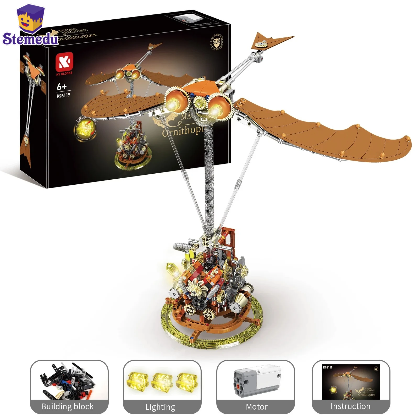 

760pcs Punk Style Mechanical Bionic Ornithopter Model with Wing Linkage & LED Lights with Lithium Rechargeable Battery Motor