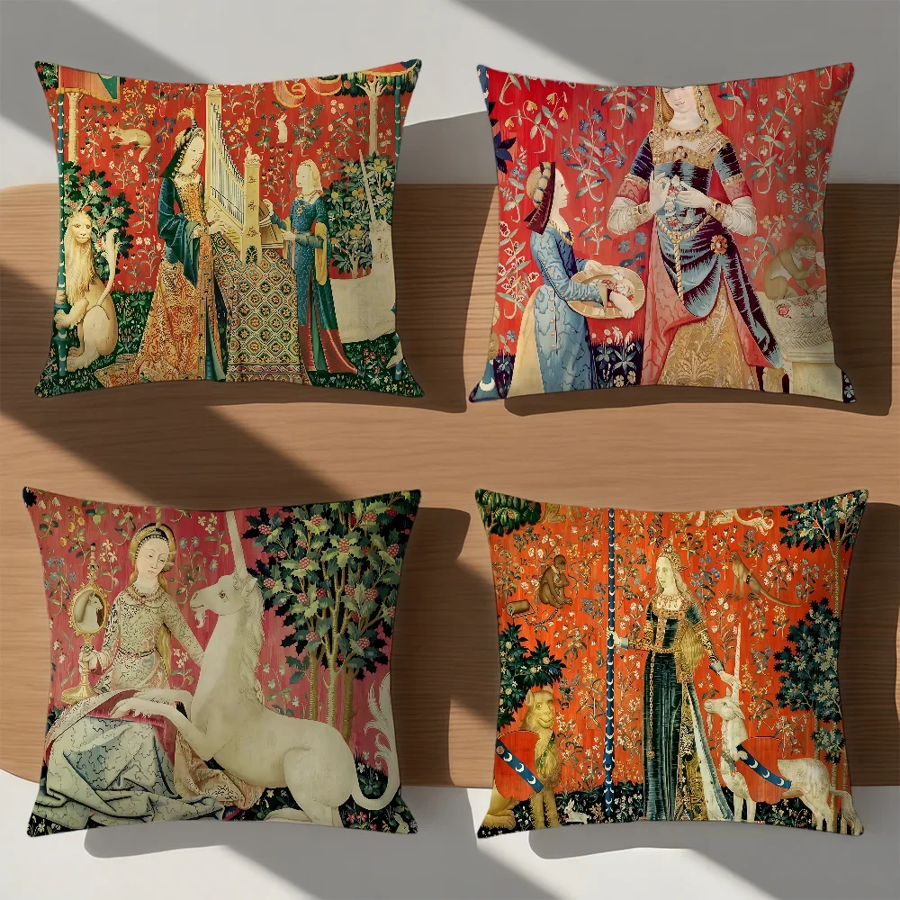 Maiden And Unicorn Medieval Cushion Cover Pillow Case Sofa Bedroom Living Room Office Bedside Table Backrest Printing Square