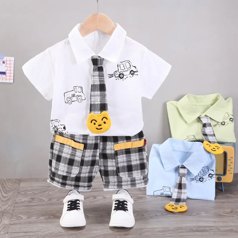 Boys short sleeved set, boys checkered shorts shirt, two-piece set, children's handsome tie, short sleeved