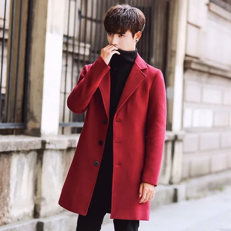 Men's Casual Long Windbreaker Slim Fit Large Size Coat Jacket Men's Solid Color Woolen Overcoat Autumn New Korean Style Fashion