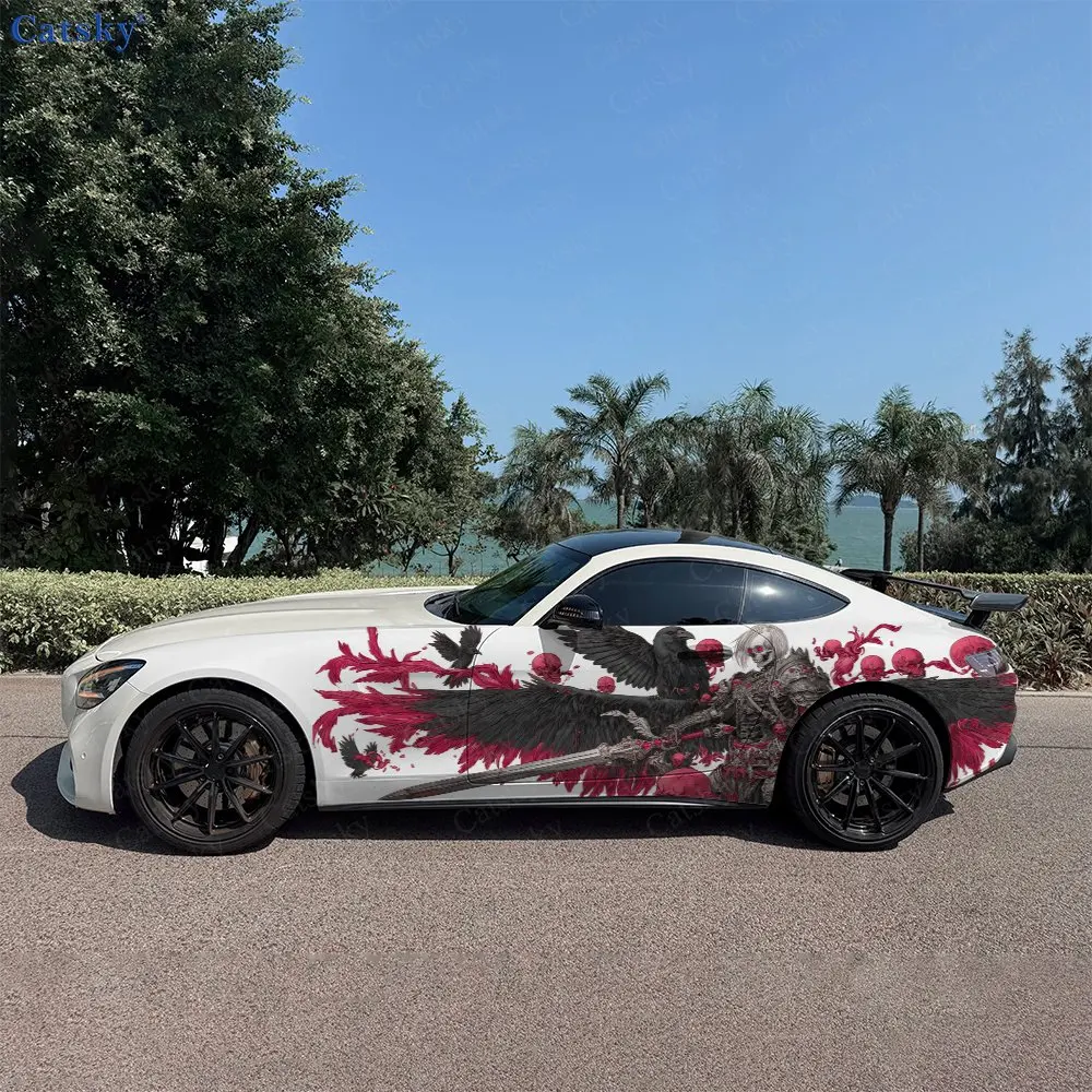 2pcs Raven Skull Warrior Blood Feather Car Side Wraps, Self-Adhesive PVC Waterproof & Scratch-Resistant Stickers, Car Accessory