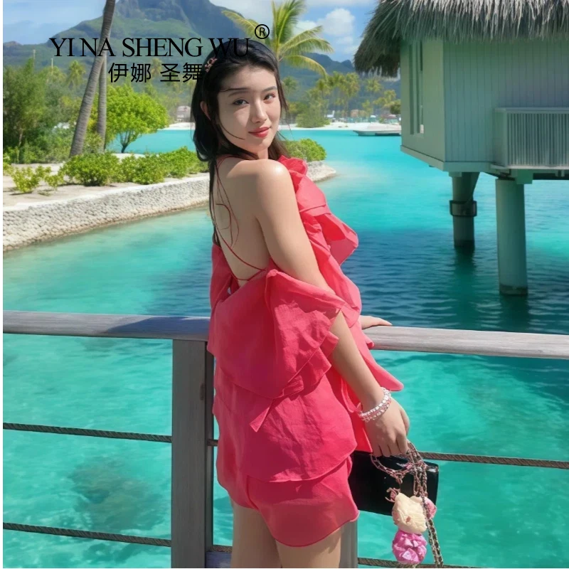 Women Sleeveless Cascading Ruffles Smock Big Swing Dress 2025 Birthday Vacation Street Summer Party Dresses Vestidos