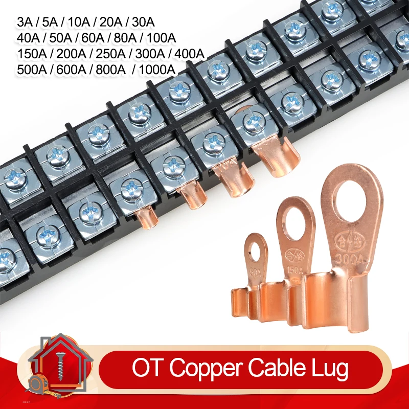 2-50pcs OT Open Barrel Copper Cable Lug  3A ~ 1000A Bare Red Copper Ring Crimp Terminal for Battery Solar Auto Wiring