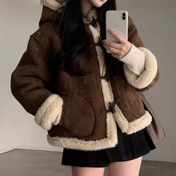 Korea Chic Winter Retro Loose Coat Women Y2k Horn Buckle Fur Brown Lamb Wool Jackets 2000s Long Sleeve Hooded Outerwear Clothes