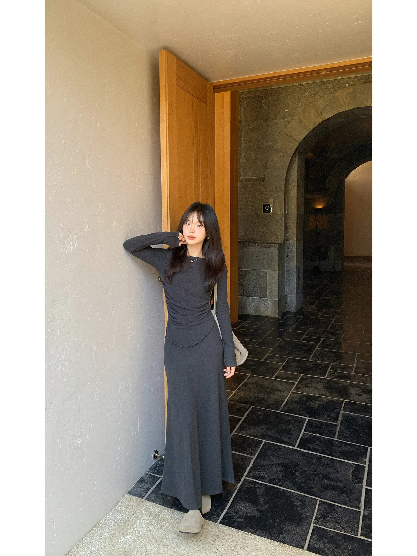 

Elastic Lazy Long Sleeve Base Top Bottom Set High Waist Pure Color Loose Style Women's Fashion Set Winter Casual Wear