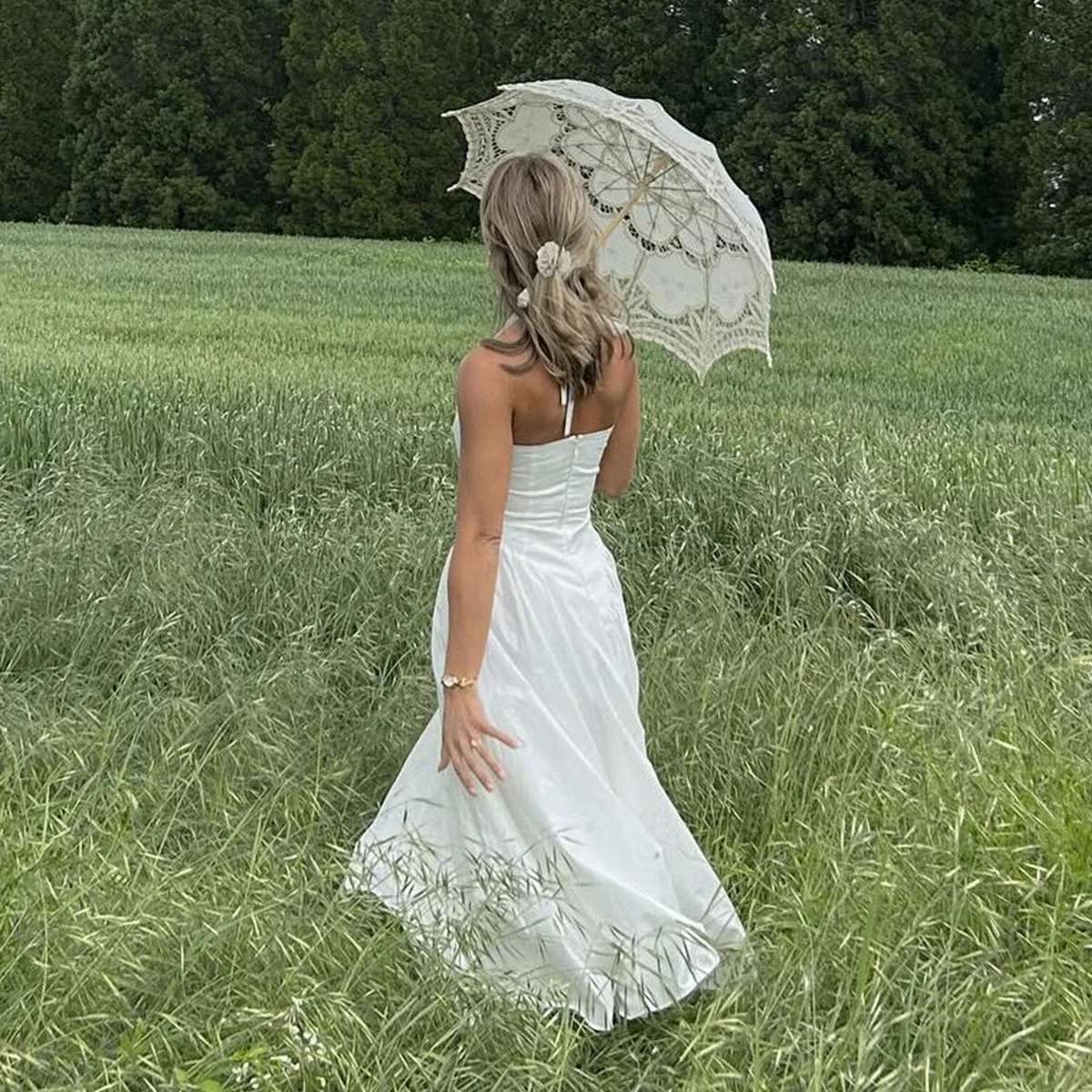 Suninheart فساتين حفلات بيضاء صيفية جديدة أنيقة بدون ظهر فستان مثير ميدي للعطلات للنساء #6