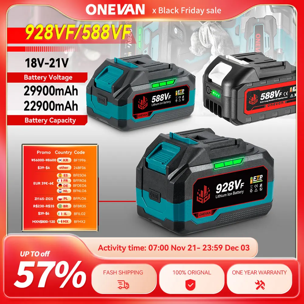 Rechargeable Lithium Battery 22900mAh 29900mAh Battery 588VF Capacity Indicator For Makita 18V Electric Wrench Drill Power Tool