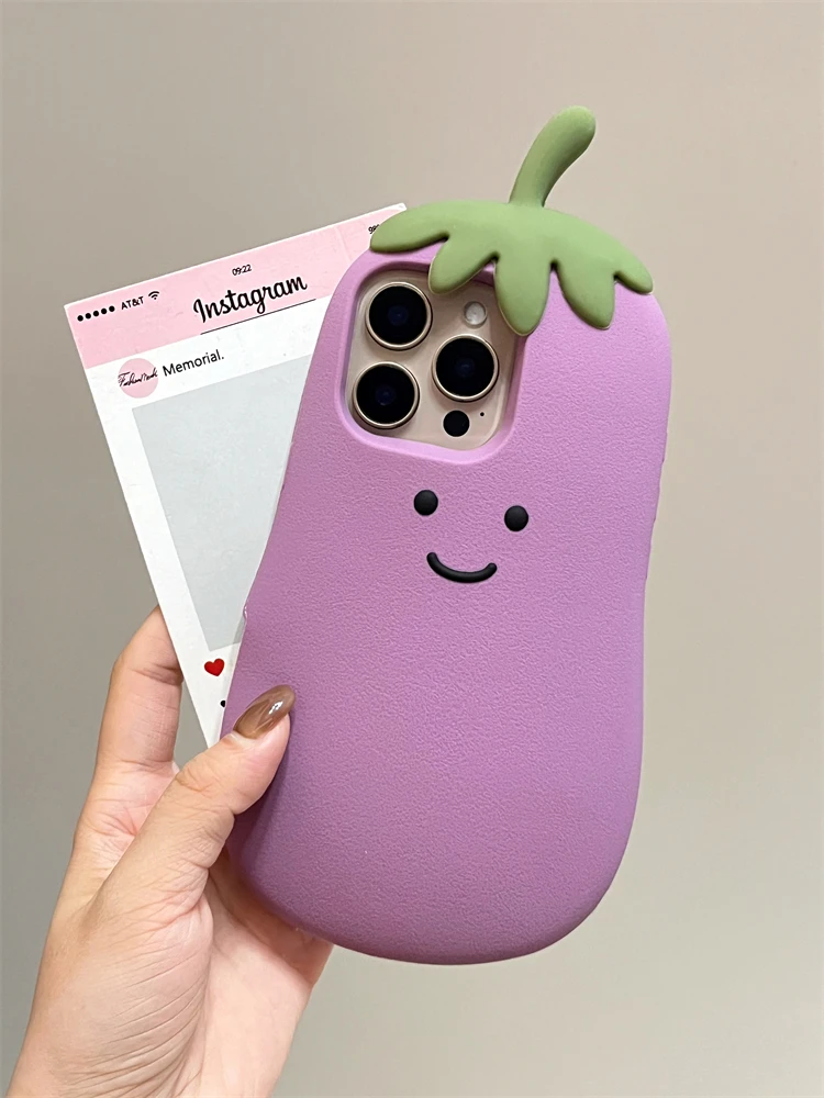 Kawaii Happy Eggplant Phone Case for iPhone 16 15 14 13 12 11 Pro Max Soft Silicone Cover