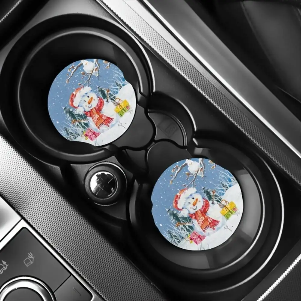 Snowman And Bird Christmas EVA Cup Holder Coasters Holiday Drink Pad Mats For Vehicle Console