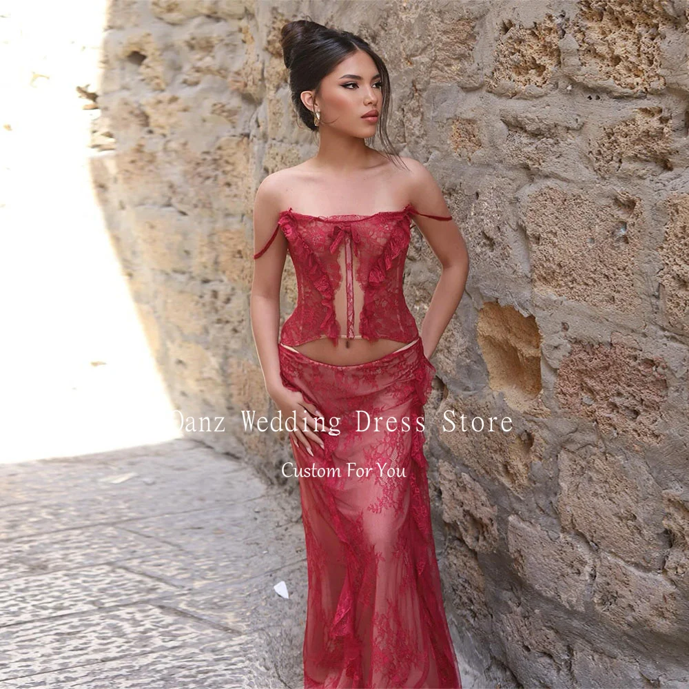 

Qanz Sexy Red Evening Dresses Lace Appliques Spaghetti Straps Vestido De Festa De Casamento Mermaid Vestidos Elegante Customized