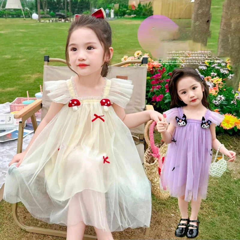 Kawaii Kuromi Girls Summer Mesh Princess Dress Baby A Line Skirt Anime Sanrio Girly Heart Cute Children's Suspender Dress New