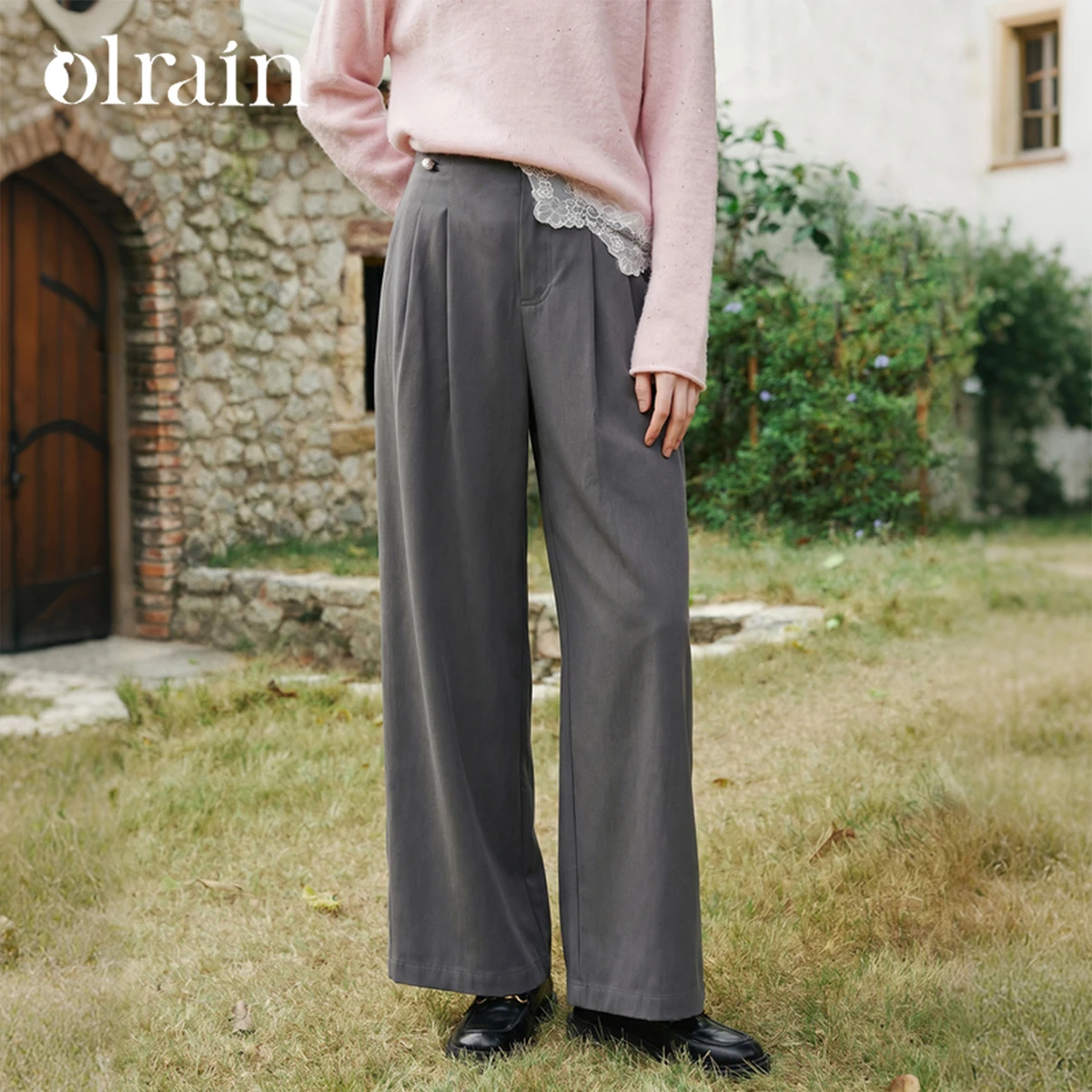 OLrain Pants Women's Clothing 2026 Autumn Gray Medium-high Waist Quite Wide Casual Wide-leg Suit Long Pants O58QK009685