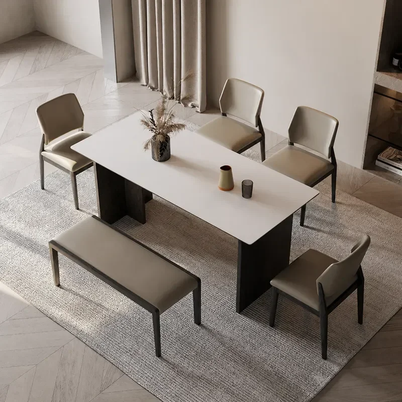 Solid Wood and Rock Slab Dining Table Set Modern Minimalist Rectangular Walnut Finish Small Apartment Family Dining Table