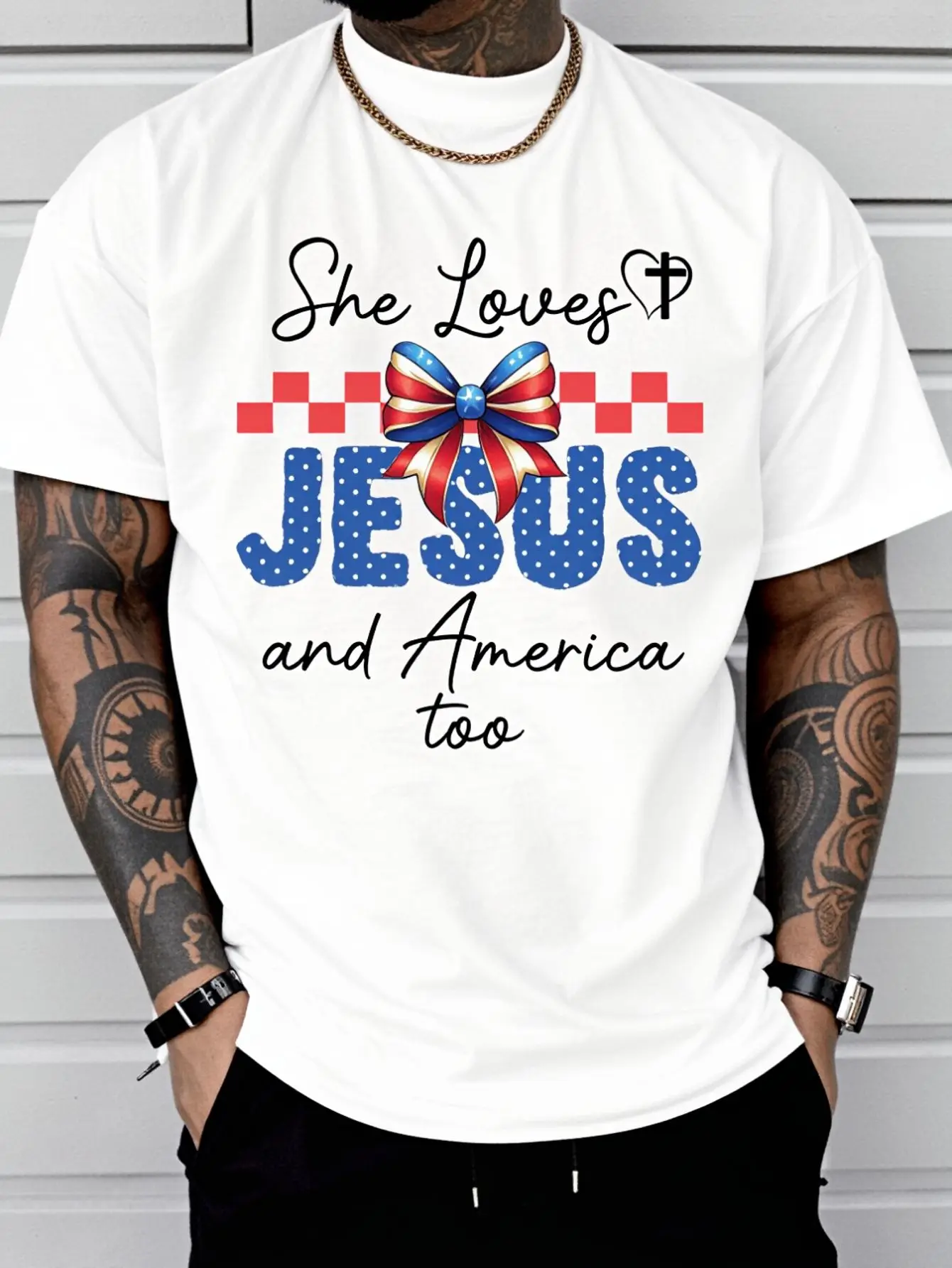 She Loves Jesus & America Too Christian Jesus American Flag T-Shirt Print T-Shirt Casual Crew Neck Short Sleeve Comfort Tee Top For Spring & Summer Men's Clothing Vintage Shirts Graphic Tees Men Camisas Para Hombre Funny Shirts Printed & Shipped In USA