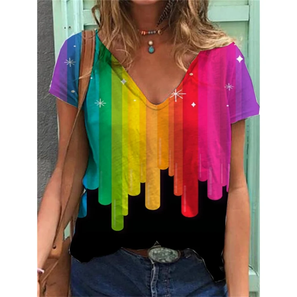 

Женская футболка в натуральном стиле с радужным принтом, рубашка в стиле Харадзюку, летняя одежда Y2k, модная толстовка большого размера для девочек с короткими рукавами