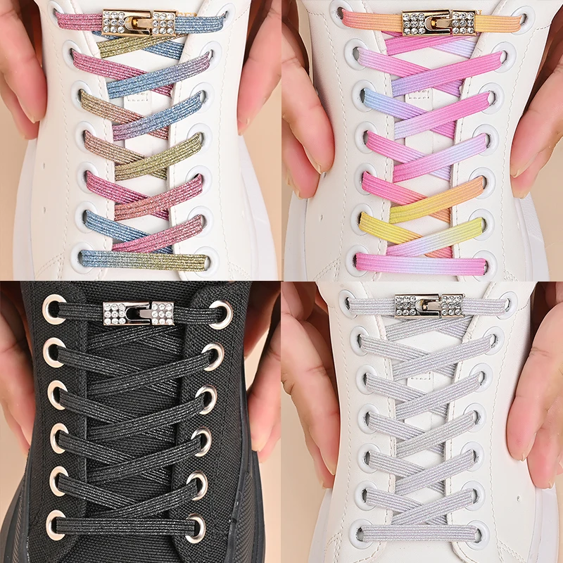 1Pair No Tie Shoe Laces Diamond Buckle Elastic Lace Shoelaces Pearl Light Colorful Fashion Without Ties Laces Sneaker Kids Adult