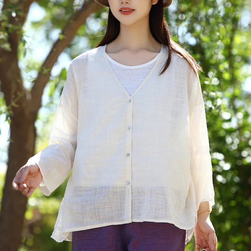 

Women Long Sleeve Cotton Linen Shirt New Arrival 2025 Summer Simple Style V-neck Solid Color Female Casual Tops Shirts M1834