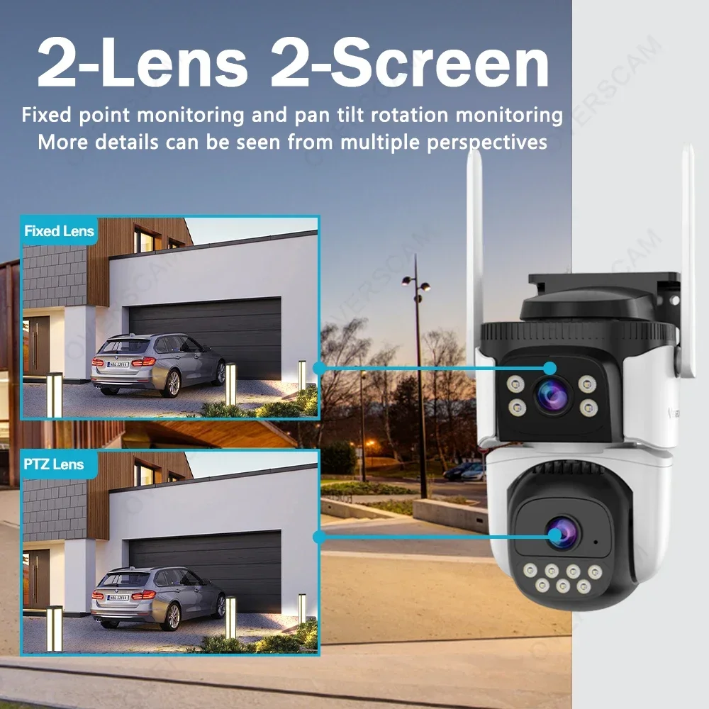 Telecamera PTZ Wifi esterna 4K 8MP HD Dual-Lens Telecamera a doppio schermo AI Tracciamento automatico Video sorveglianza da 4MP Allarme luce della polizia O-Kam