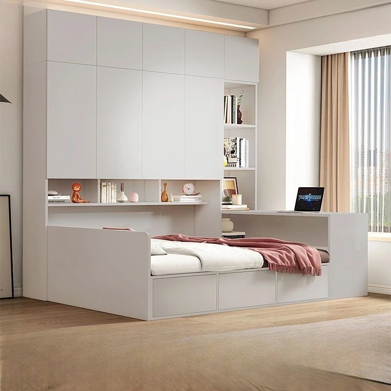 Tatami wardrobe bed integrated small apartment bedroom with desk combination solid wood
