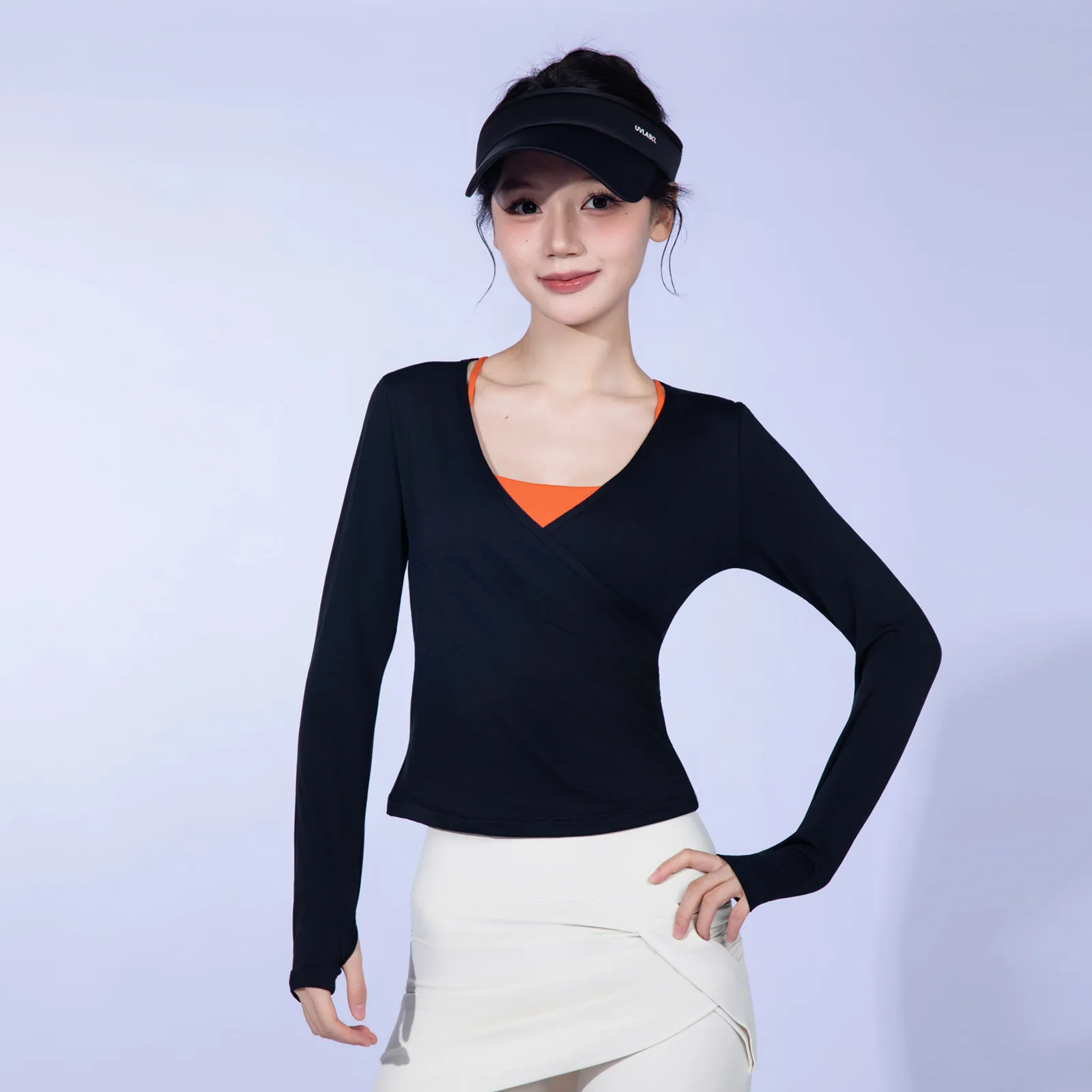 Damen Sport-Langarmshirt mit V-Ausschnitt, 2026 Neu, Tailliert, Schlankmachend, Pilates, Schnelltrocknend, Yoga-Bekleidung, T-Shirt, Bluse – Detail 6