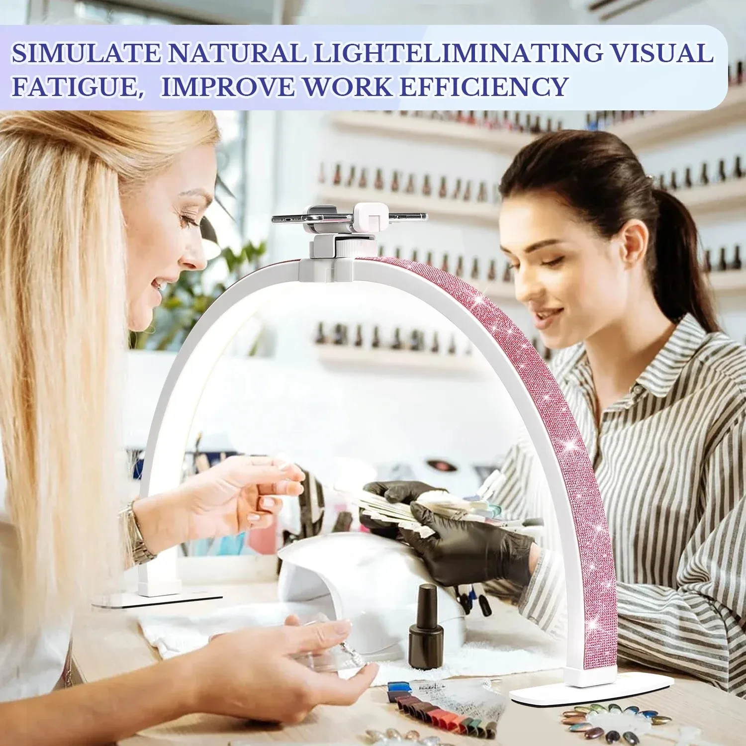 Half Moon Light 36W Nail Desk Lamp U Shaped 364 LEDs Fill Light with Phone Holder Foldable Table Lamp with Stepless Dimming