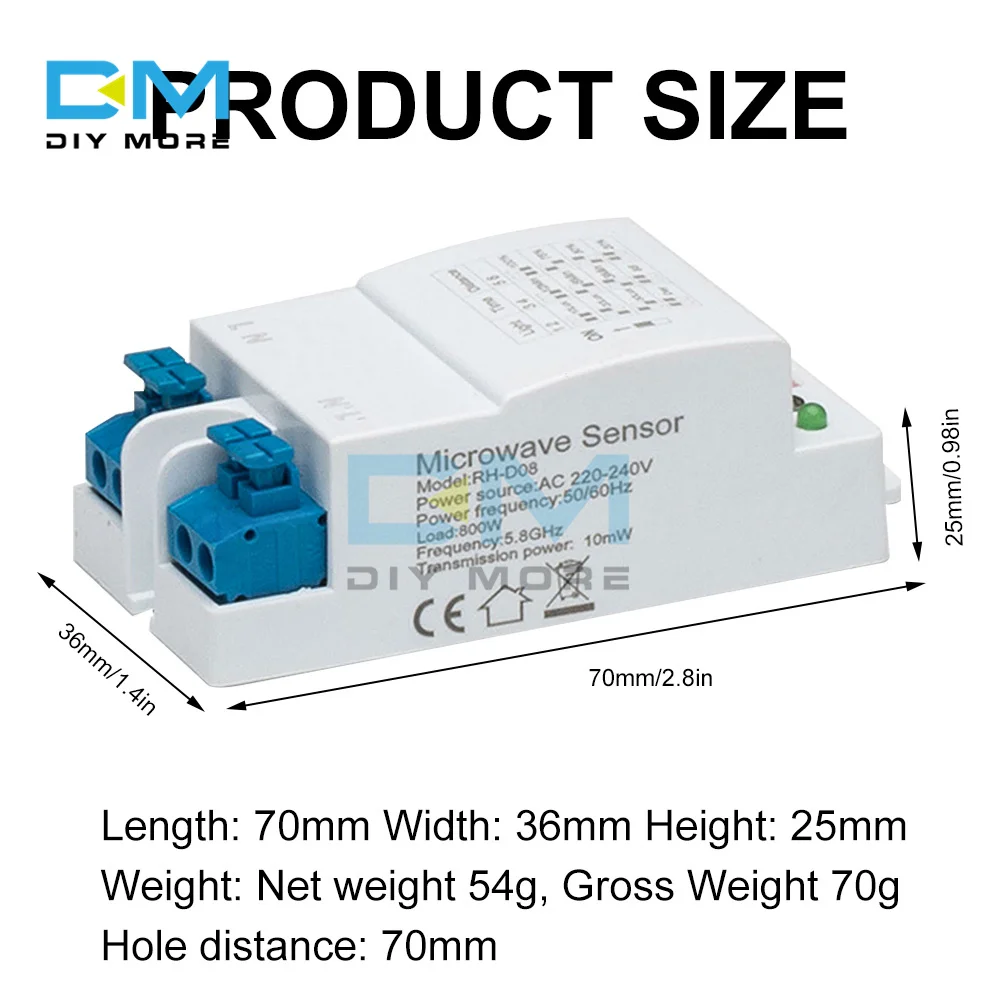 AC 220-240V 5.8GHz Microwave Radar Sensor Switch Body Motion Detector For LED Light Sensors Switches