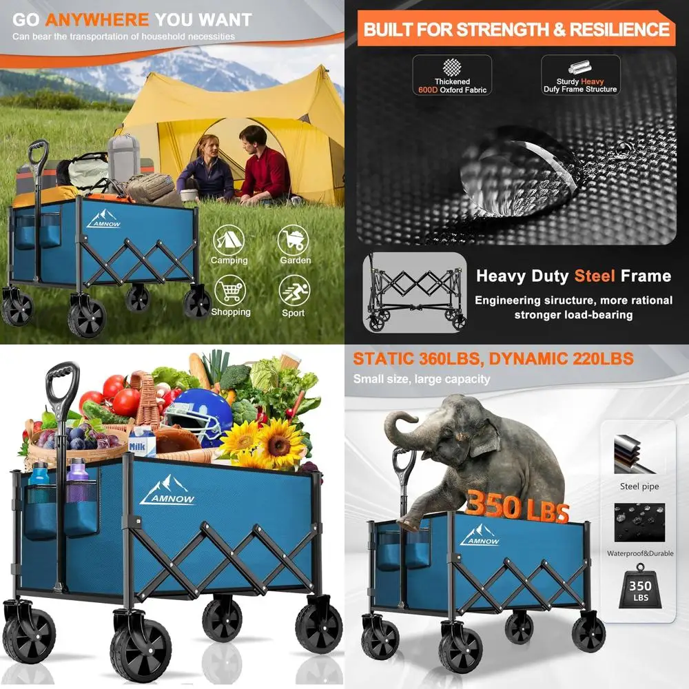 

Large Capacity 350lbs Folding Utility Wagon with All-Terrain Wheels for Outdoor Activities, Blue