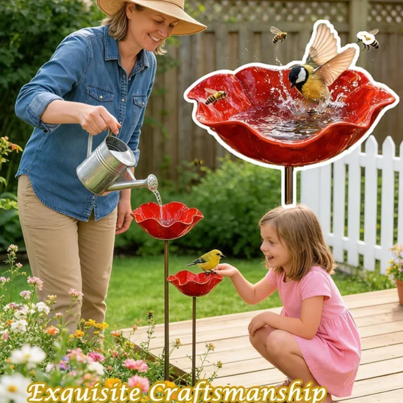 Garden Bee Water Feeder with Flower Design Handmade Stakes Bird Bath Colorful Butterfly Bees Bath Bowl for Outdoor Yard Decor