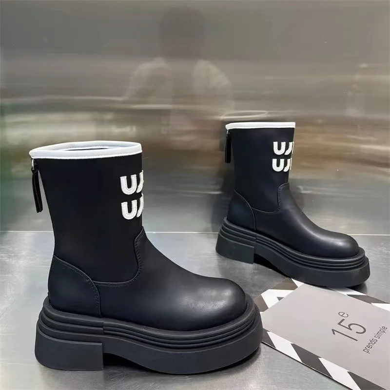 2024 Autumn and Winter New Women's Thick-soled Mid-calf Elastic Letter Decorated Round Toe Back Zipper Fashion Boots