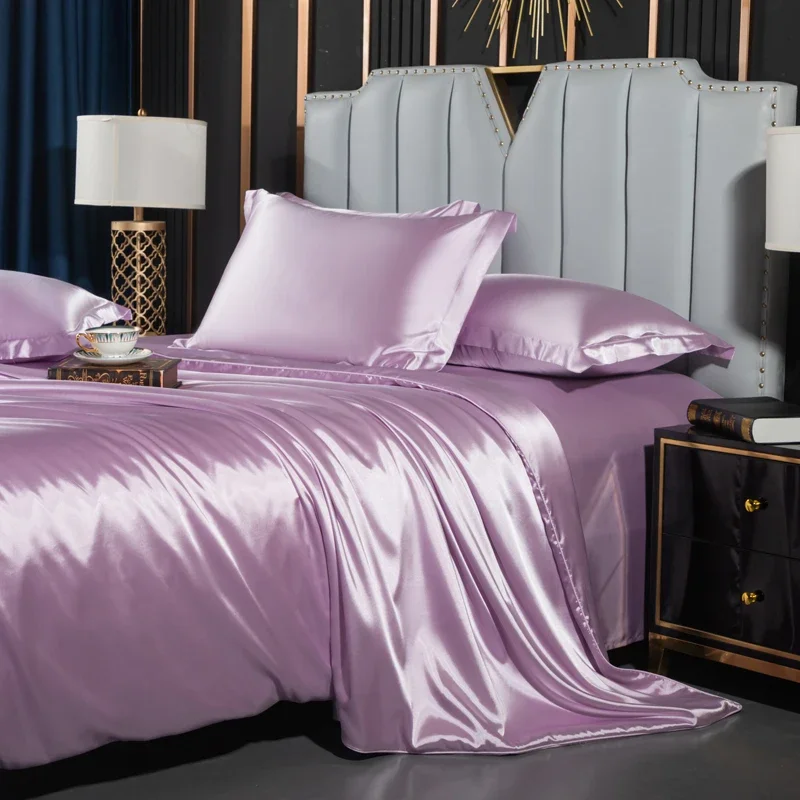 Solid Silk Bedding Set with Duvet Cover Bed Sheet Pillowcases Luxury Satin Single Double Bedsheet King Queen Twin Size