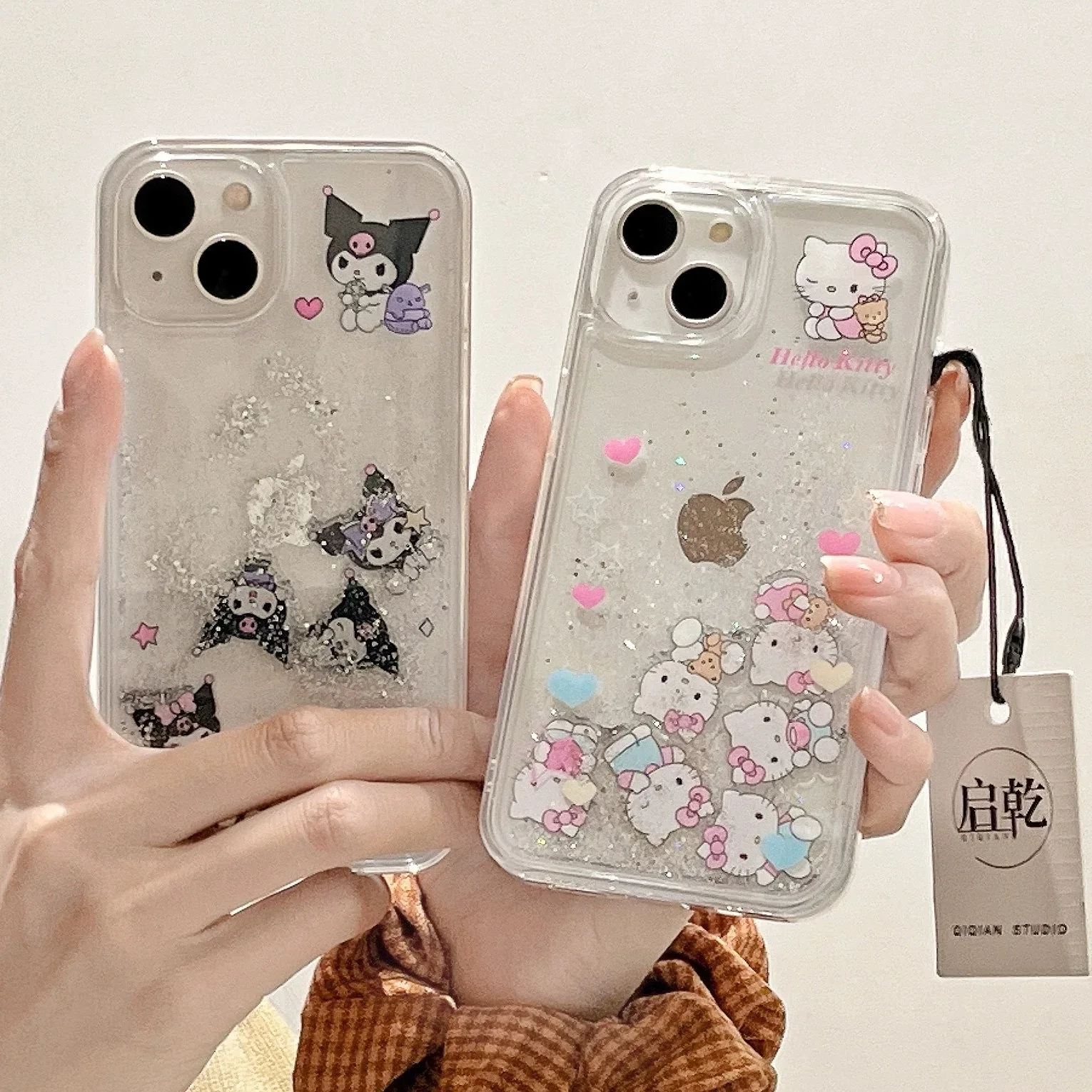 

Luxury Cartoon Cute Kuromi Hello Kitty Bear Liquid Quicksand Bling Glitter Phone Case For iPhone 13 12 11 14 15 16 Pro Max Cover