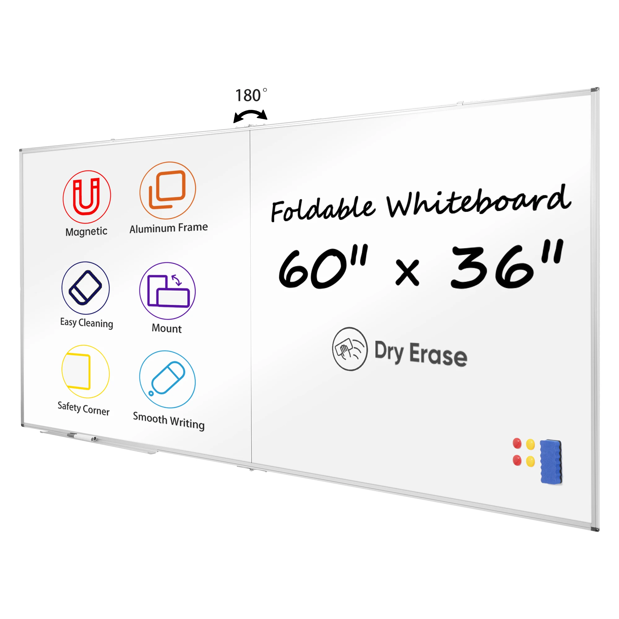 Deli Opvouwbaar dubbelzijdig whiteboard 60x36 inch, magnetisch droog uitwisbaar bord voor klaslokaal, kantoor en thuis
