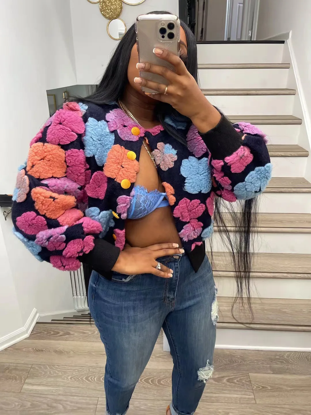 Sweet Long Sleeve Single Breasted Short Jacket Retro Three-dimensional Flower O Neck Clothing 2023 Winter New 6 Color Coat