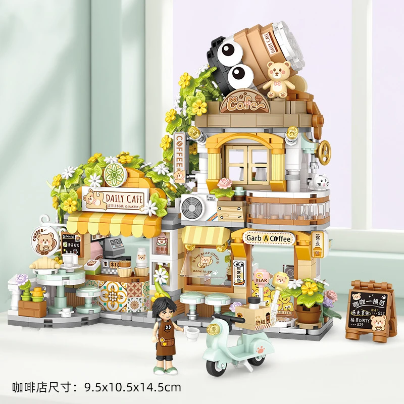 Piccole particelle Building Blocks Street View Panda Tea House Orso Caffetteria Building Blocks Giocattoli Modello Regalo di Capodanno fai da te