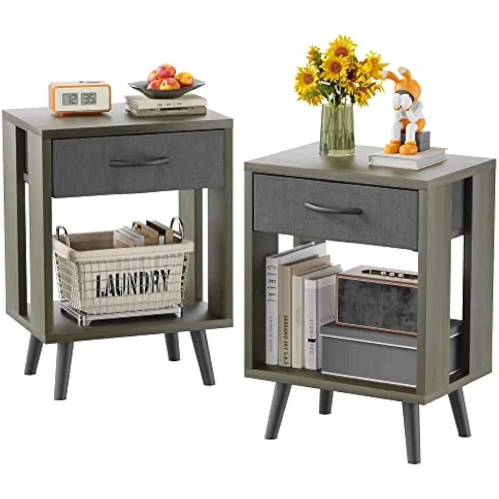 

pair of nightstands with fabric drawers and wooden shelves for bedroom storage