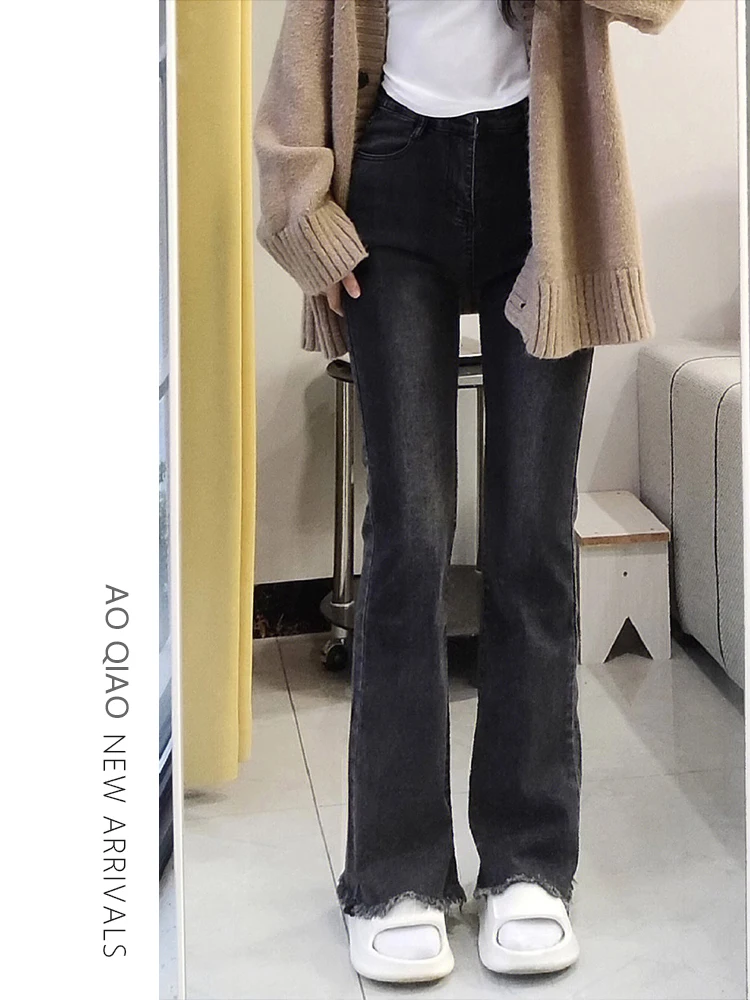 Pantalones vaqueros acampanados con forro de Fce de cintura alta para mujer, pantalones con pezuña elástica, adelgazantes, de talla grande, Color profundo, otoño