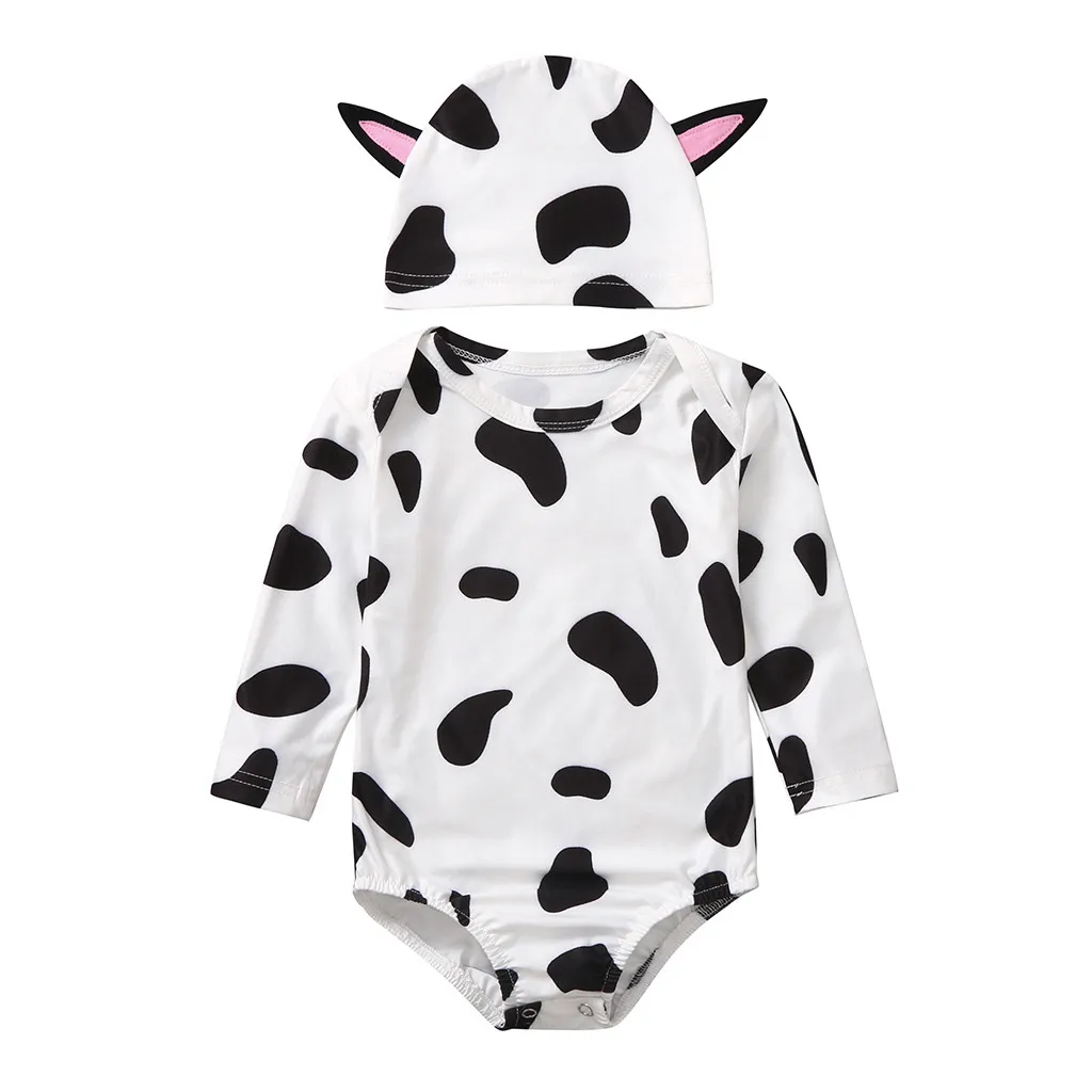 New Baby Bodysuit+cap Infant Baby Girls Boys Cute Blotch Cow Printed Long Sleeve Bodysuit Cartoon Ear Hats Boys Girls Clothes