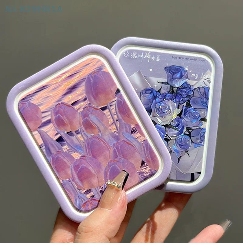 Miroir de maquillage pliable portable pour femmes, peinture à l'huile, fleurs, rectangle, cosmétique, outils de poche