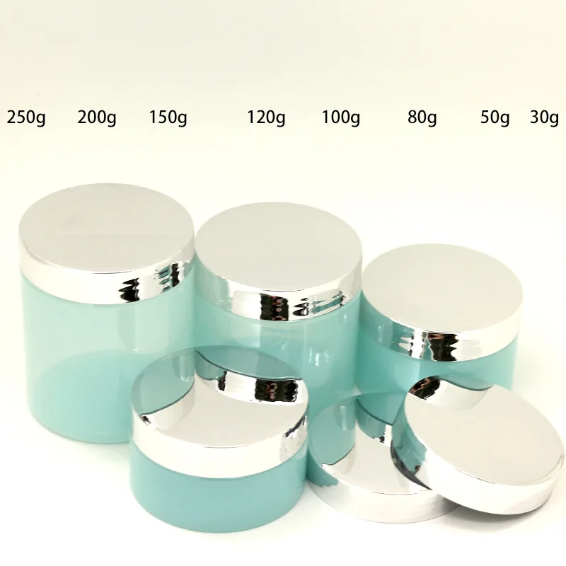 24Pcs 100g 120g 150g 200g 250g Empty Cosmetic Cream Pot Glossy Silver Lid Plastic Containers Light Blue Jars Wide Mouth Bottles