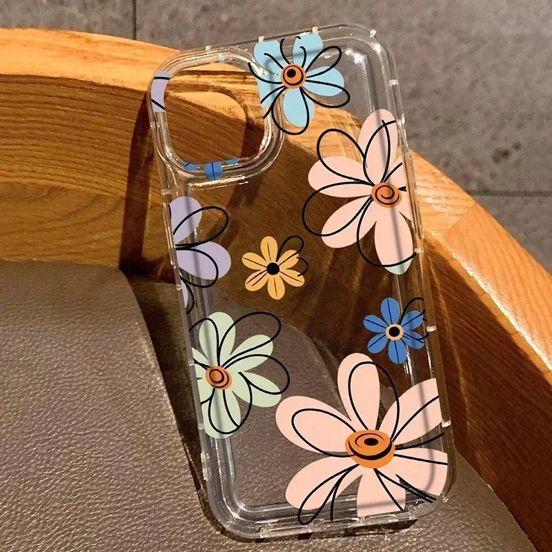 Flower Pattern Protective Transparent Case For iPhone 15 14 Pro Max 11 12 Mini 13 Pro 7 8 Plus X XR TPU Shock-Absorption Cover