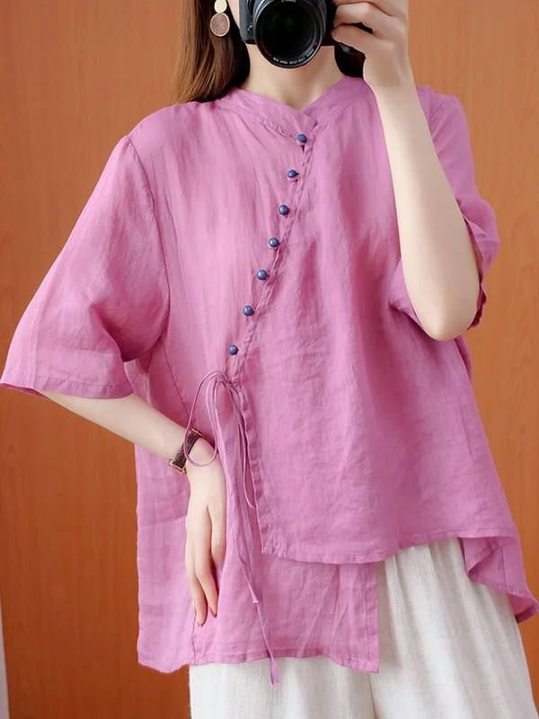 

plus Size Summer irt Vintage Stand Collar Asymmetrical ort Sve with Belt Traditional Button Detail Loose Fit Ladies Top