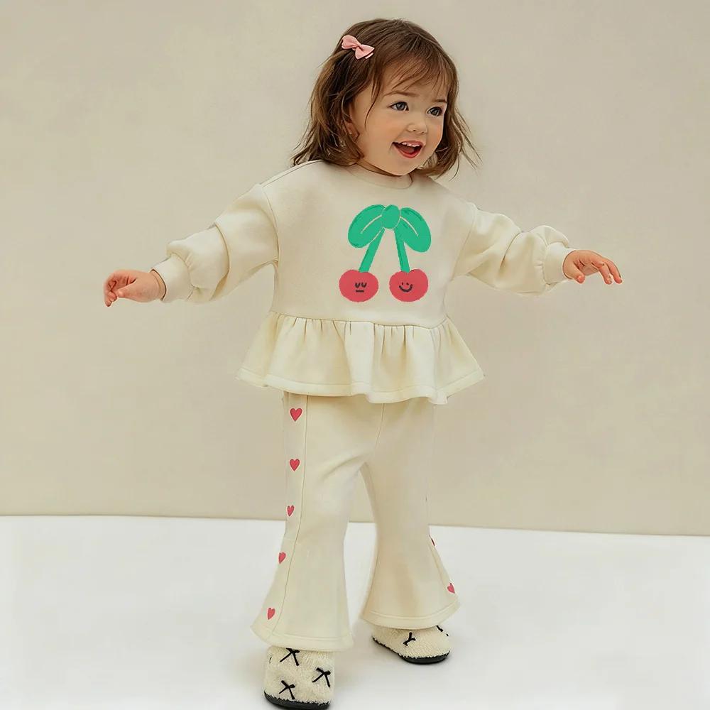

Cute Thicken Baby Girl Two - Piece Set Cherry Print Long Sleeve Top + Pant Autumn Winter Children Girl Outfits