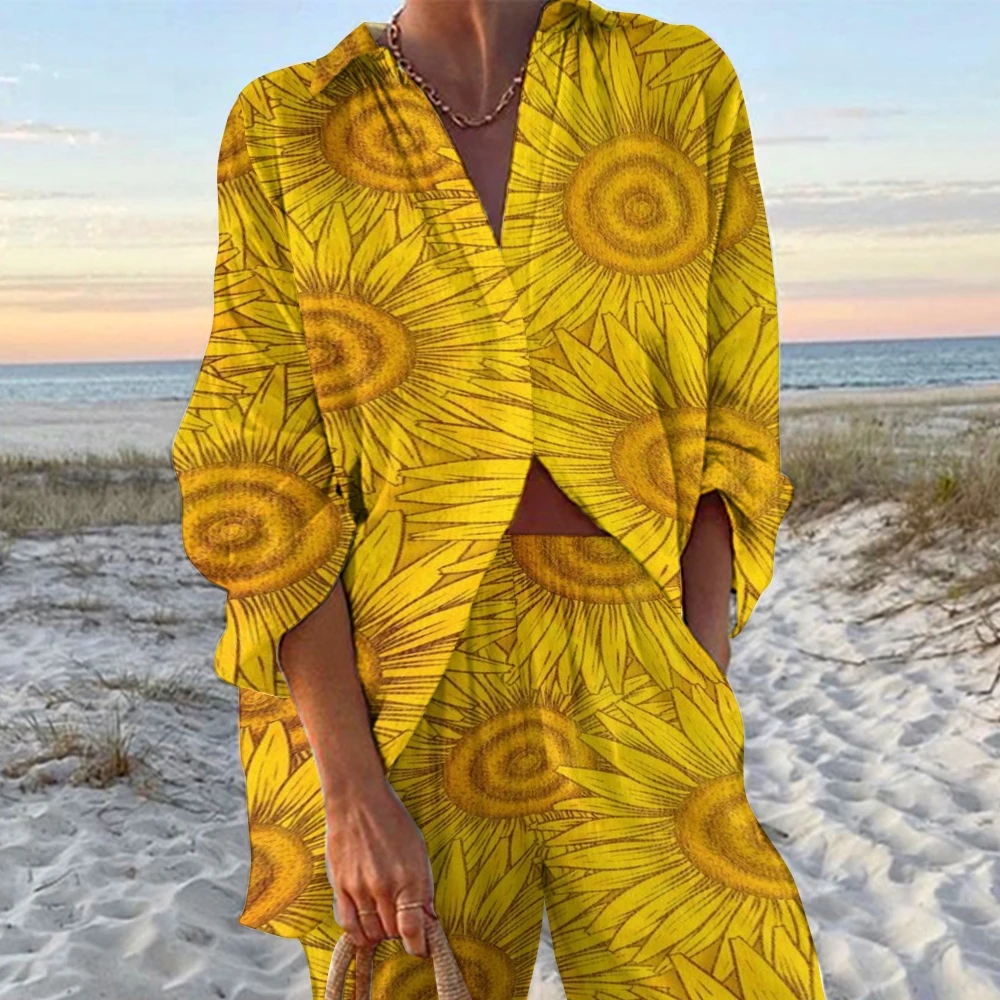 Ladies Casual Two-piece New Gold Sunflower Print Beachwear Luxury V-Neck Long Sleeve Shirt and High Waist Straight Pants